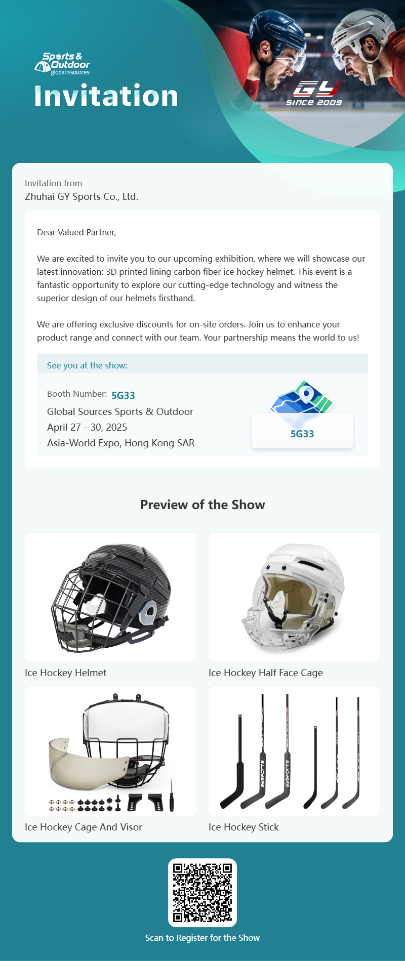 GY Global Sources Sports & Outdoor, ngày 27-30 tháng 4 năm 2025, Triển lãm Thế giới-Châu Á, Đặc khu Hành chính Hồng Kông, Số gian hàng. 5G33